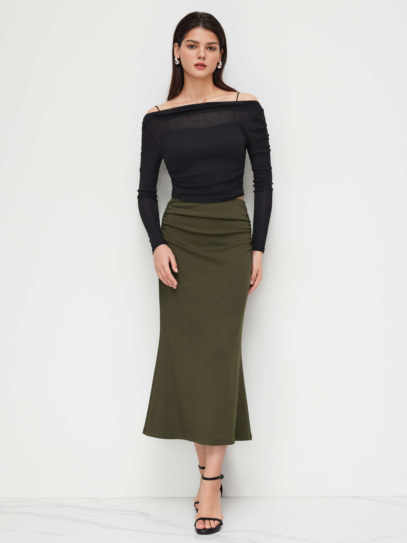 Off-shoulder Ruched Crop Top With Cami Top & Mid Rise Mermaid Maxi Skirt Set
