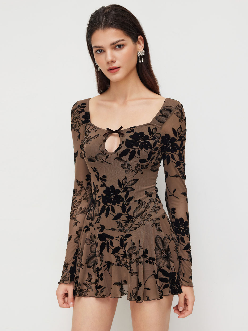 Mesh Square Neck Floral Cut Out Mini Dress