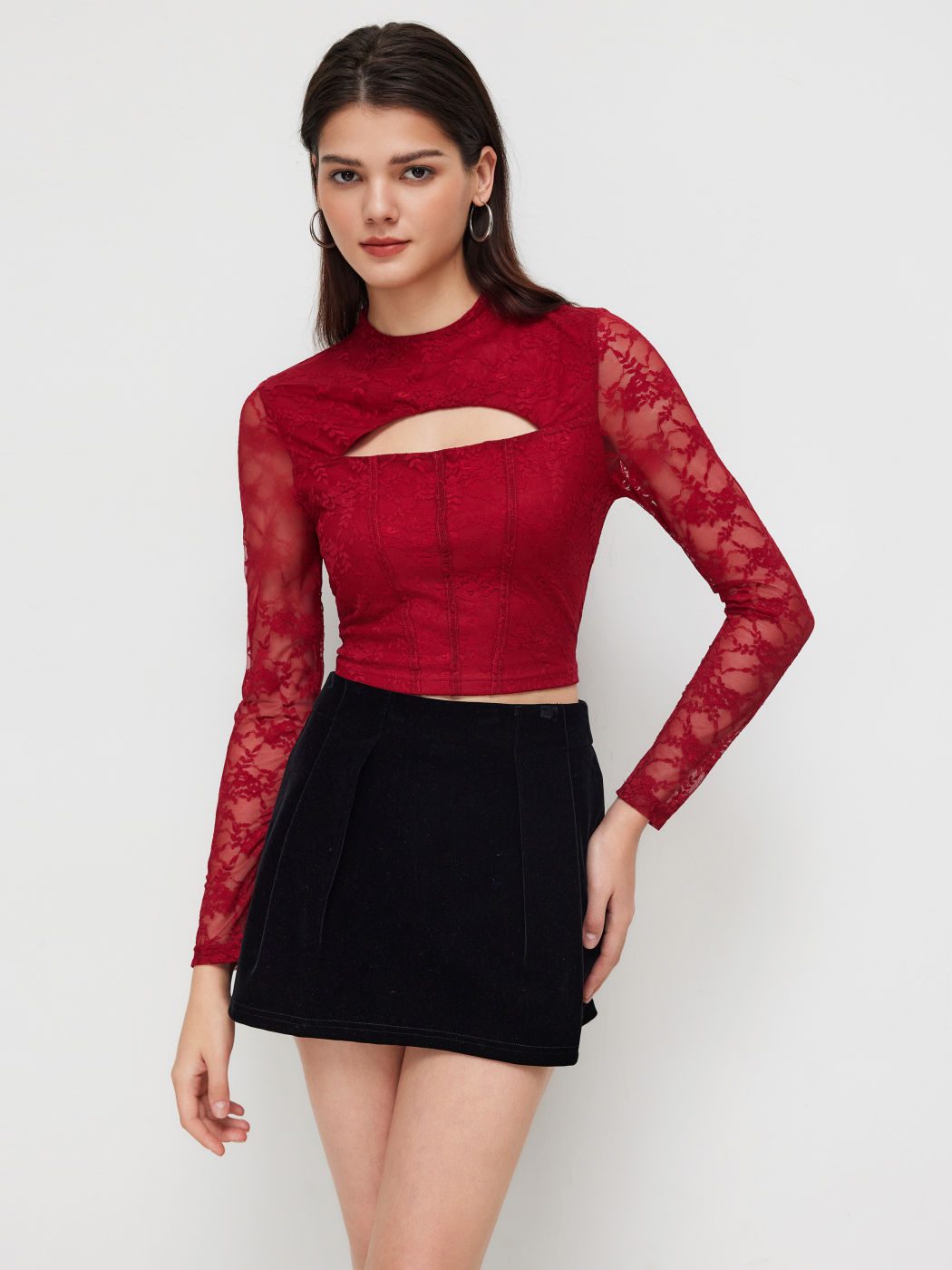 Lace Stand Collar Cut Out Crop Long Sleeve Top