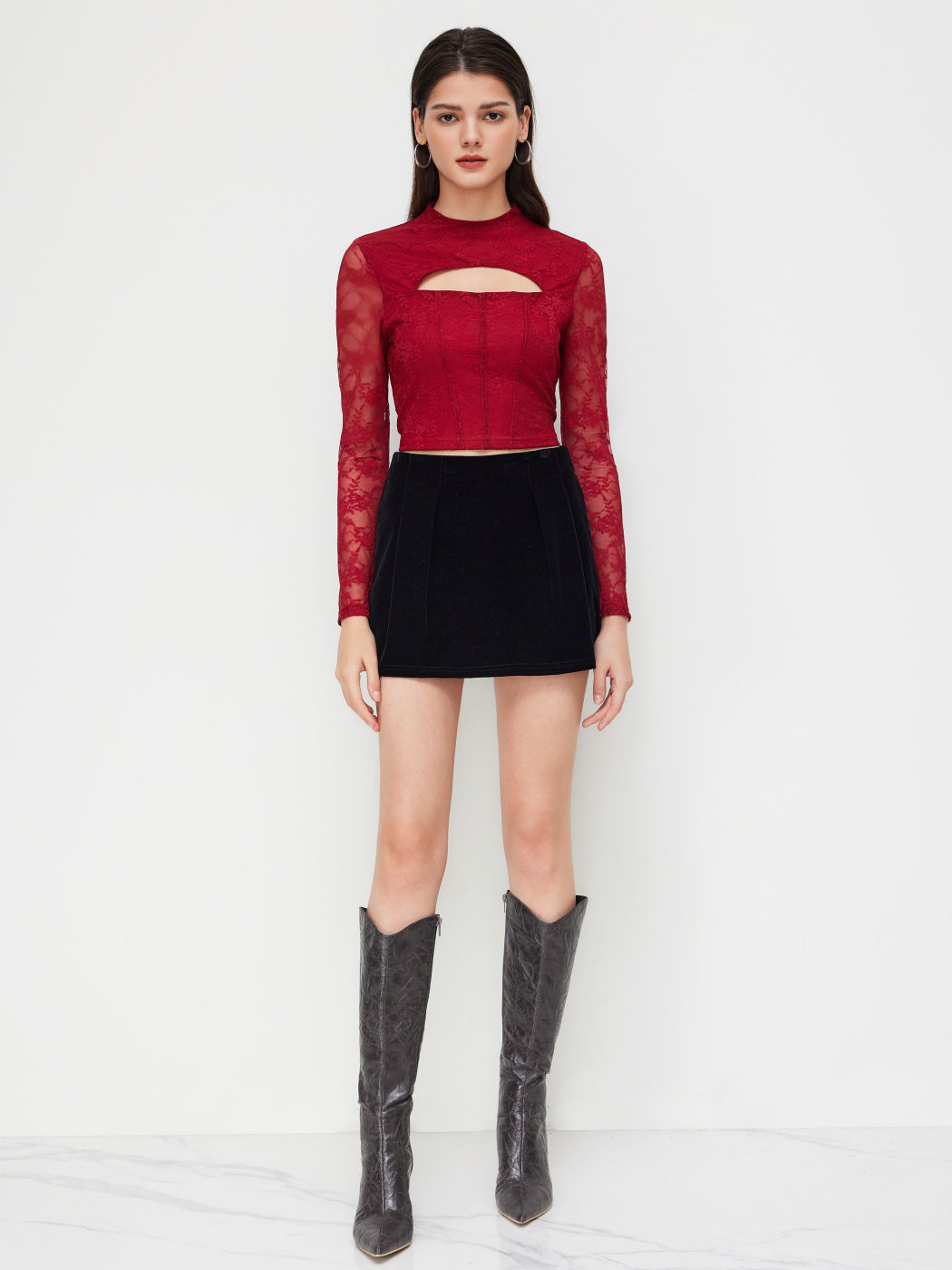 Lace Stand Collar Cut Out Crop Long Sleeve Top