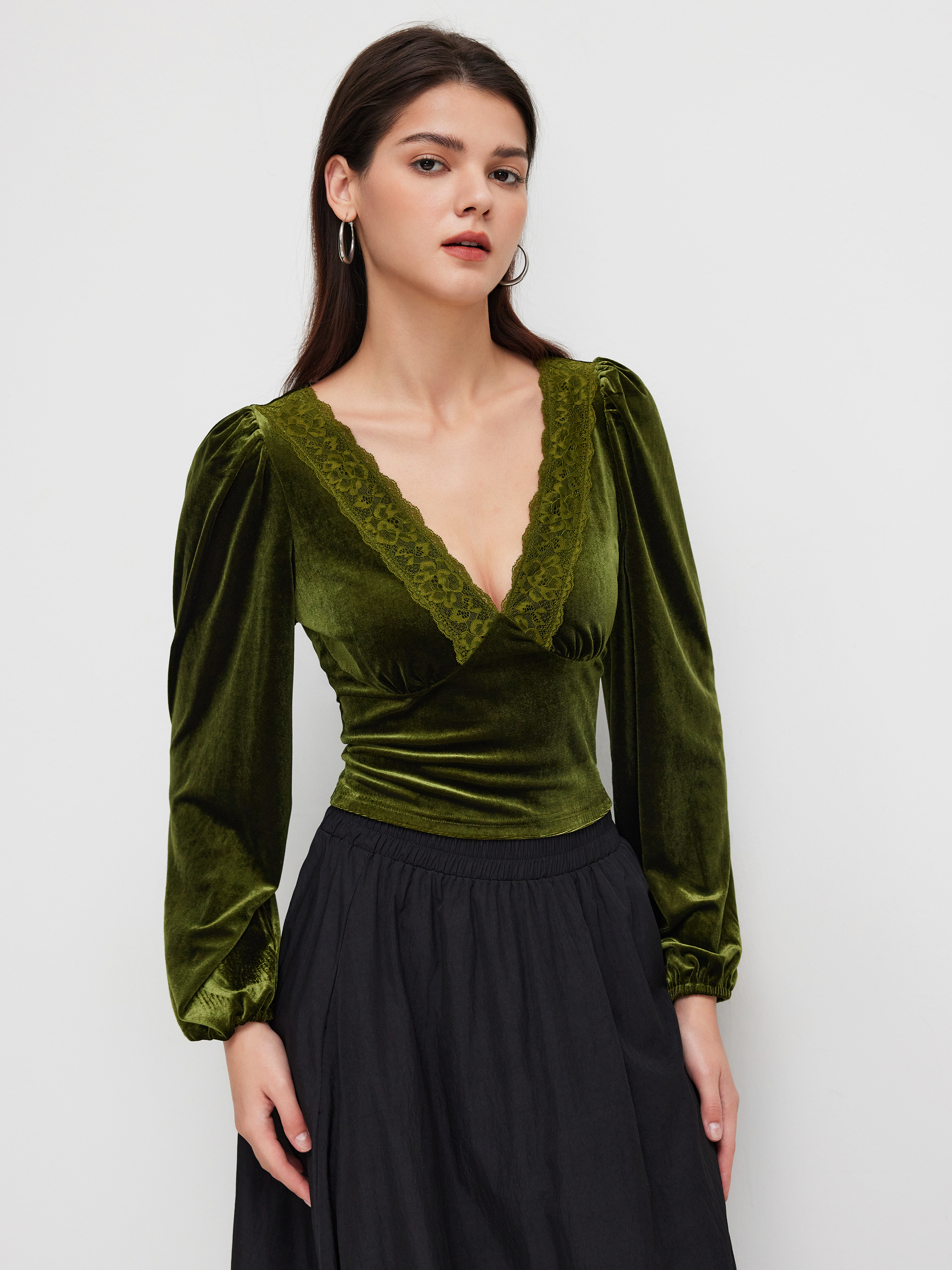 Velvet Velvet V-neck Lace Trim Long Sleeve Top For Party