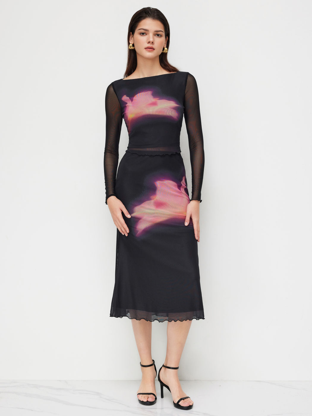 Floral Graphic Lettuce Trim Long Sleeve Top & Mid Rise Mermaid Midi Skirt Set