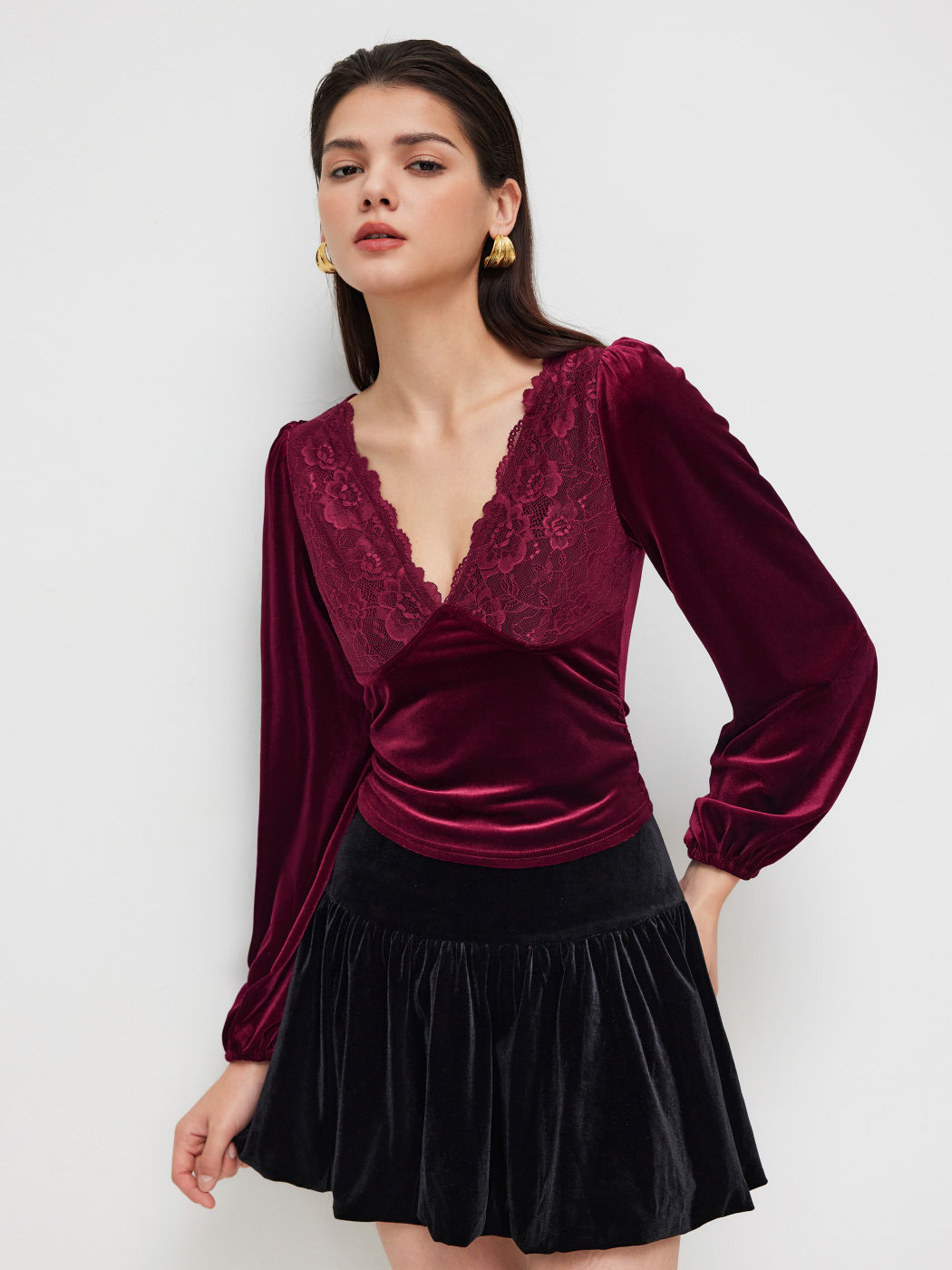 Velvet V-neck Lace Ruched Long Sleeve Top