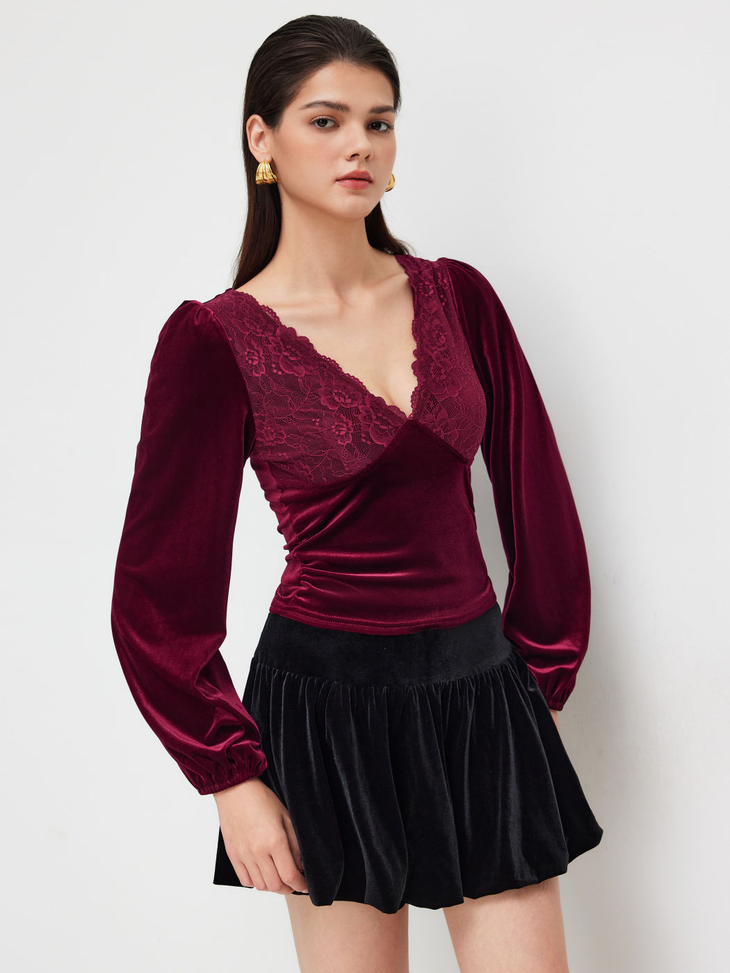 Velvet V-neck Lace Ruched Long Sleeve Top