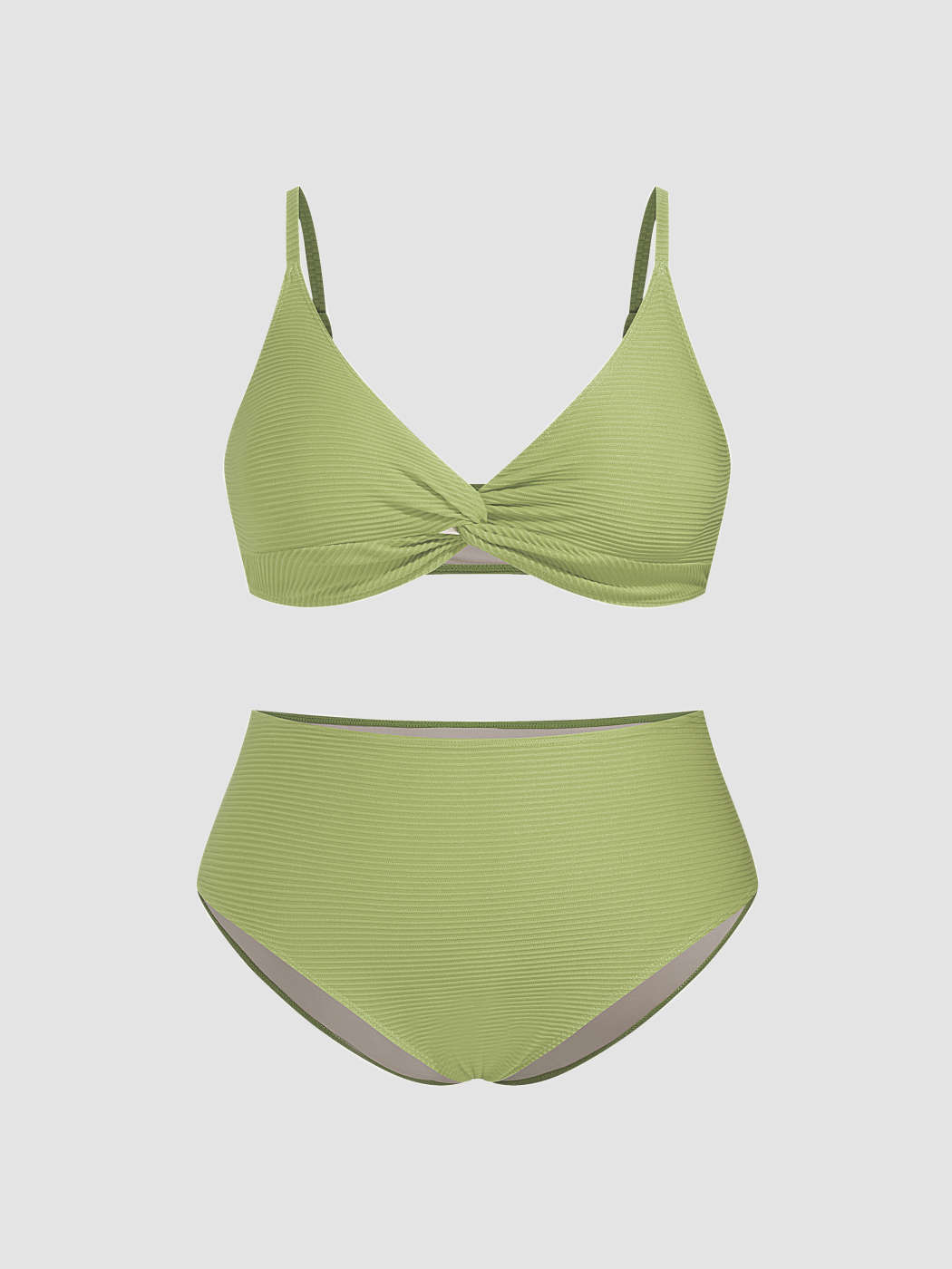 Jersey Rib Fabric V-neck Twist Triangle Full Coverage Bikini Set