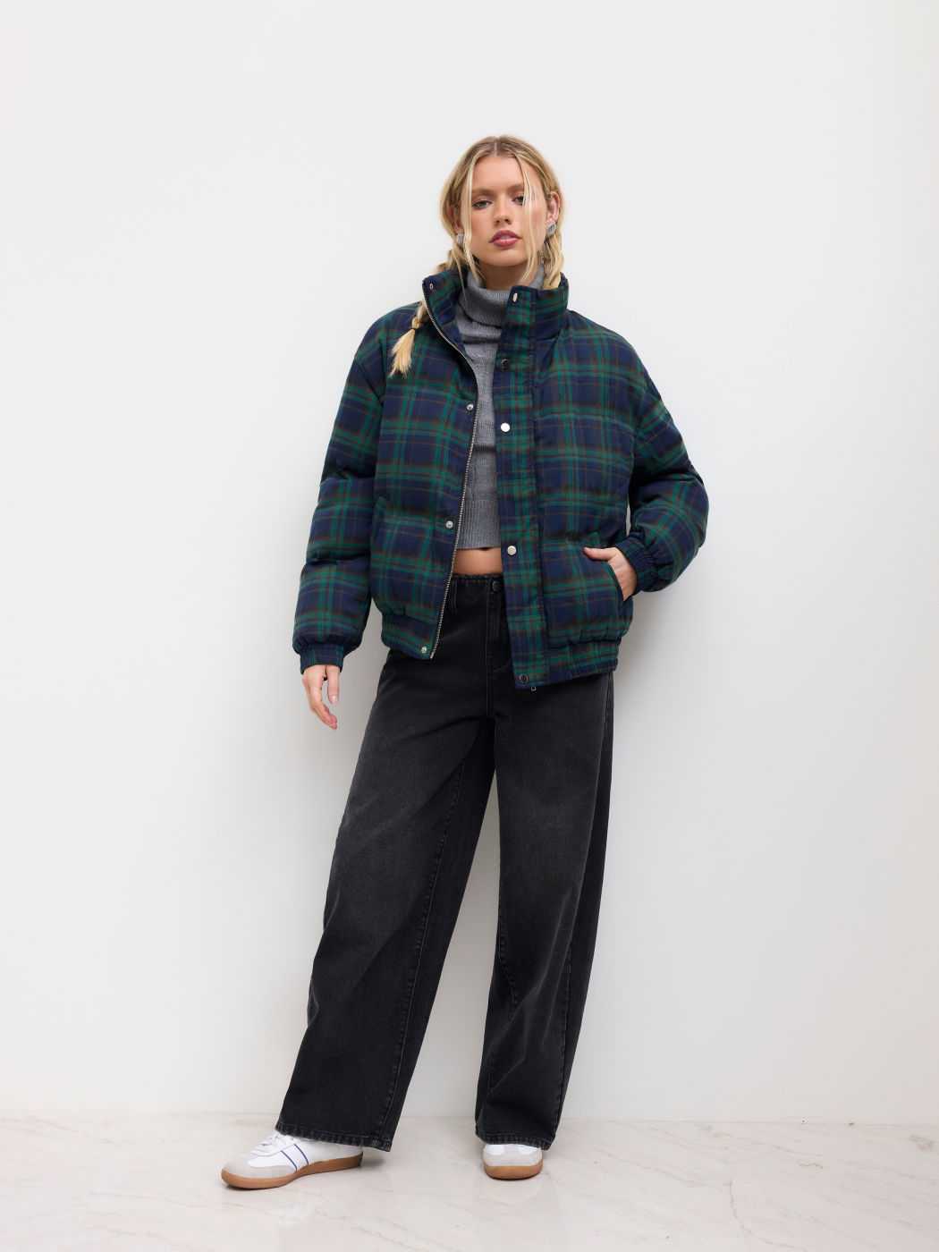 Collar Tartan Zipper Oversized Puffer