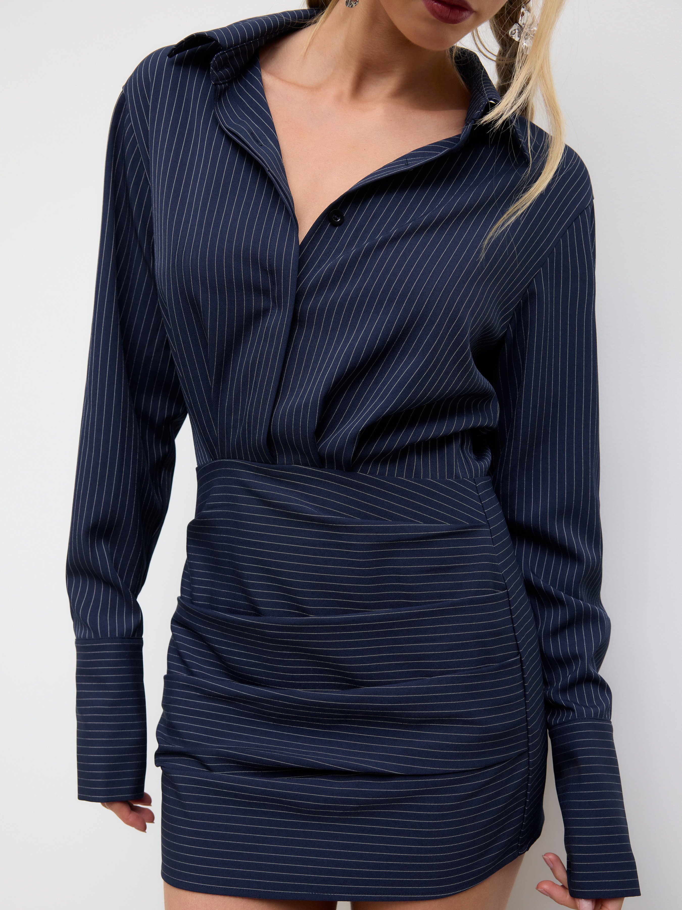 Woven Collar Stripes Cinched Waist Mini Shirt Dress For Work