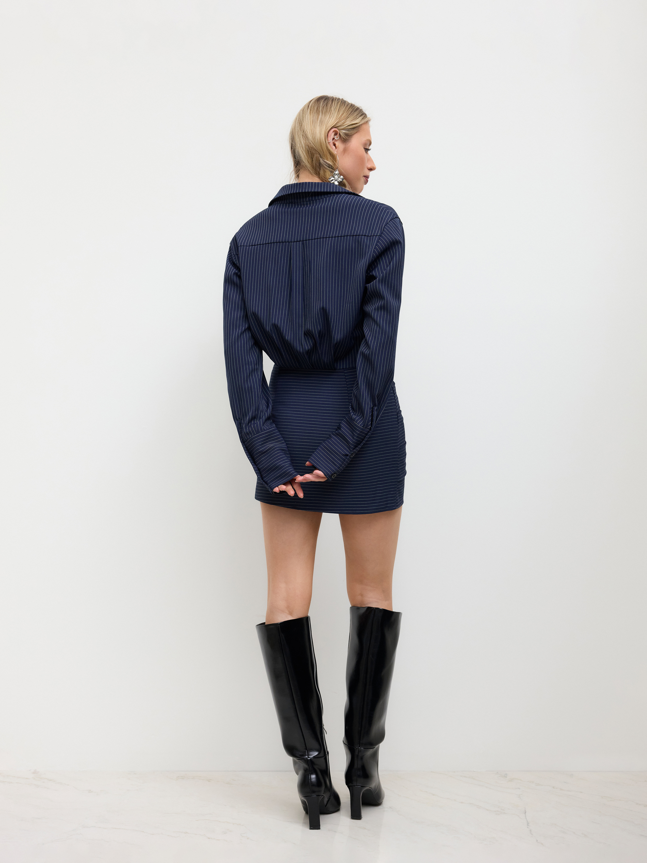 Woven Collar Stripes Cinched Waist Mini Shirt Dress For Work