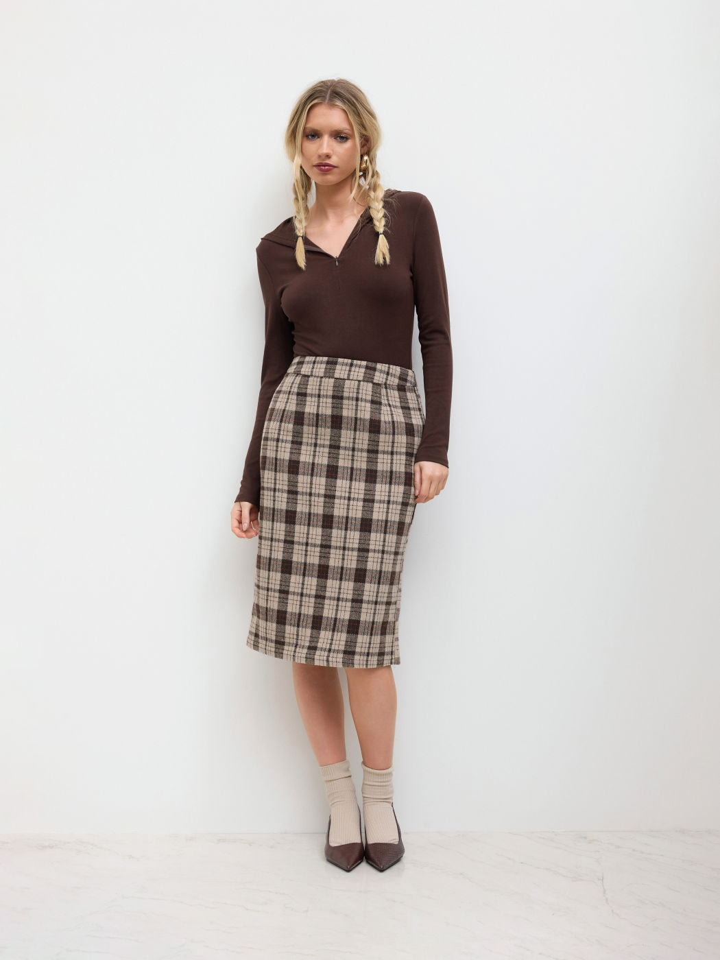 Wool-look Mid Rise Checks Split Midi Skirt