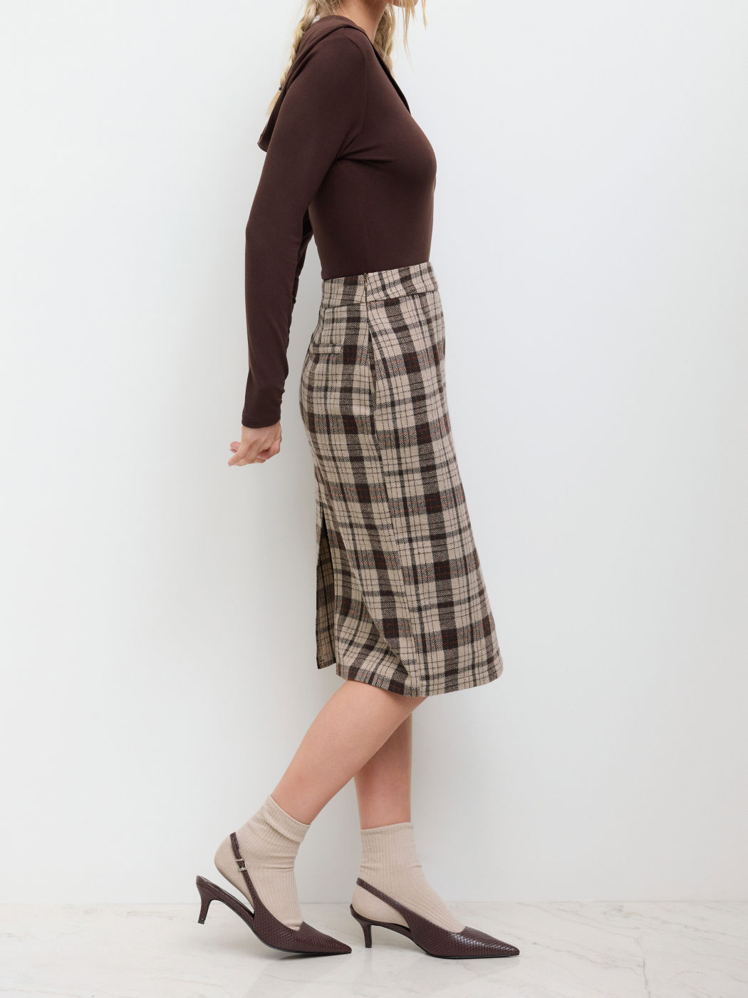 Wool-look Mid Rise Checks Split Midi Skirt