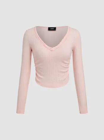 Baumwolle Pointelle V-Ausschnitt Rüschen Spitze Schleife Langarmshirt