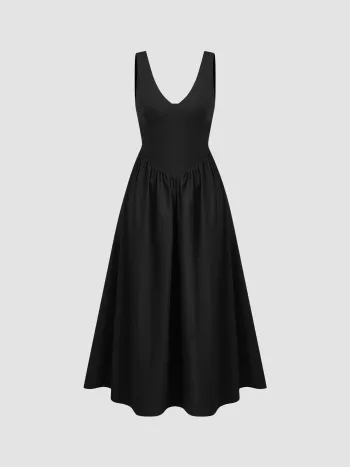 Baumwollmix V-Ausschnitt Rüschen Maxikleid