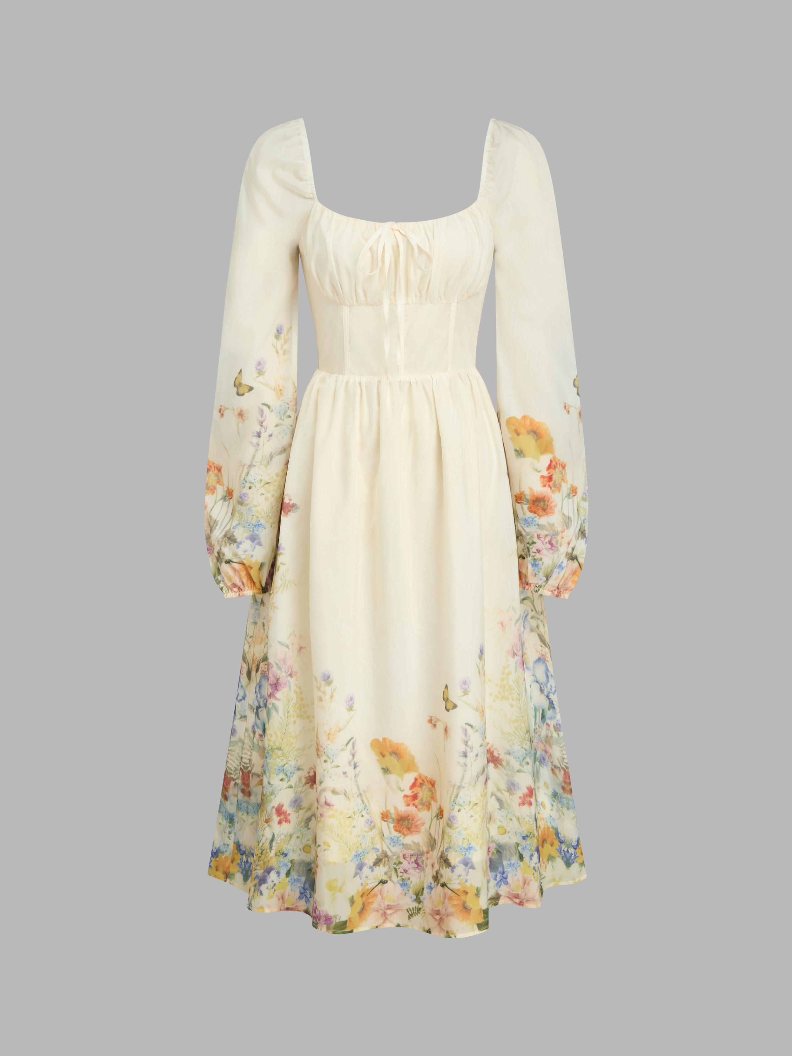 U-neckline Butterfly Floral Knotted Shirred Midi Dress