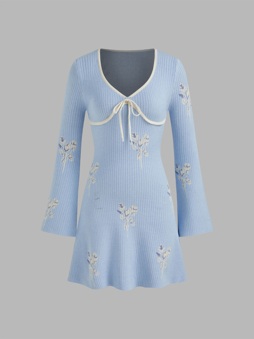Knit V-neck Floral Knotted Mini Dress