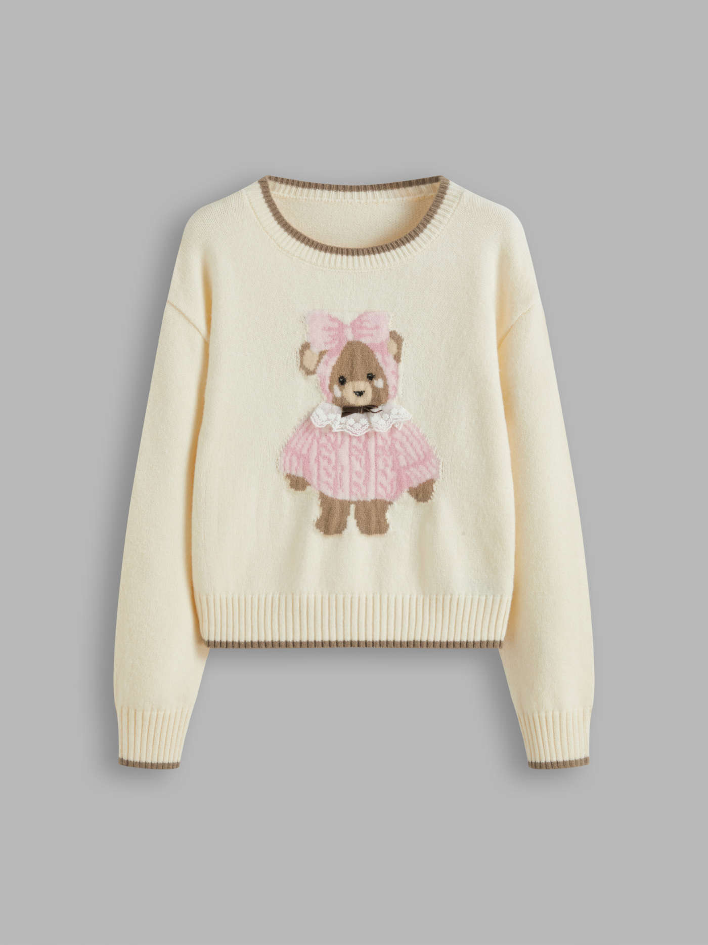Knit Round Neckline Bear Contrasting Binding Sweater