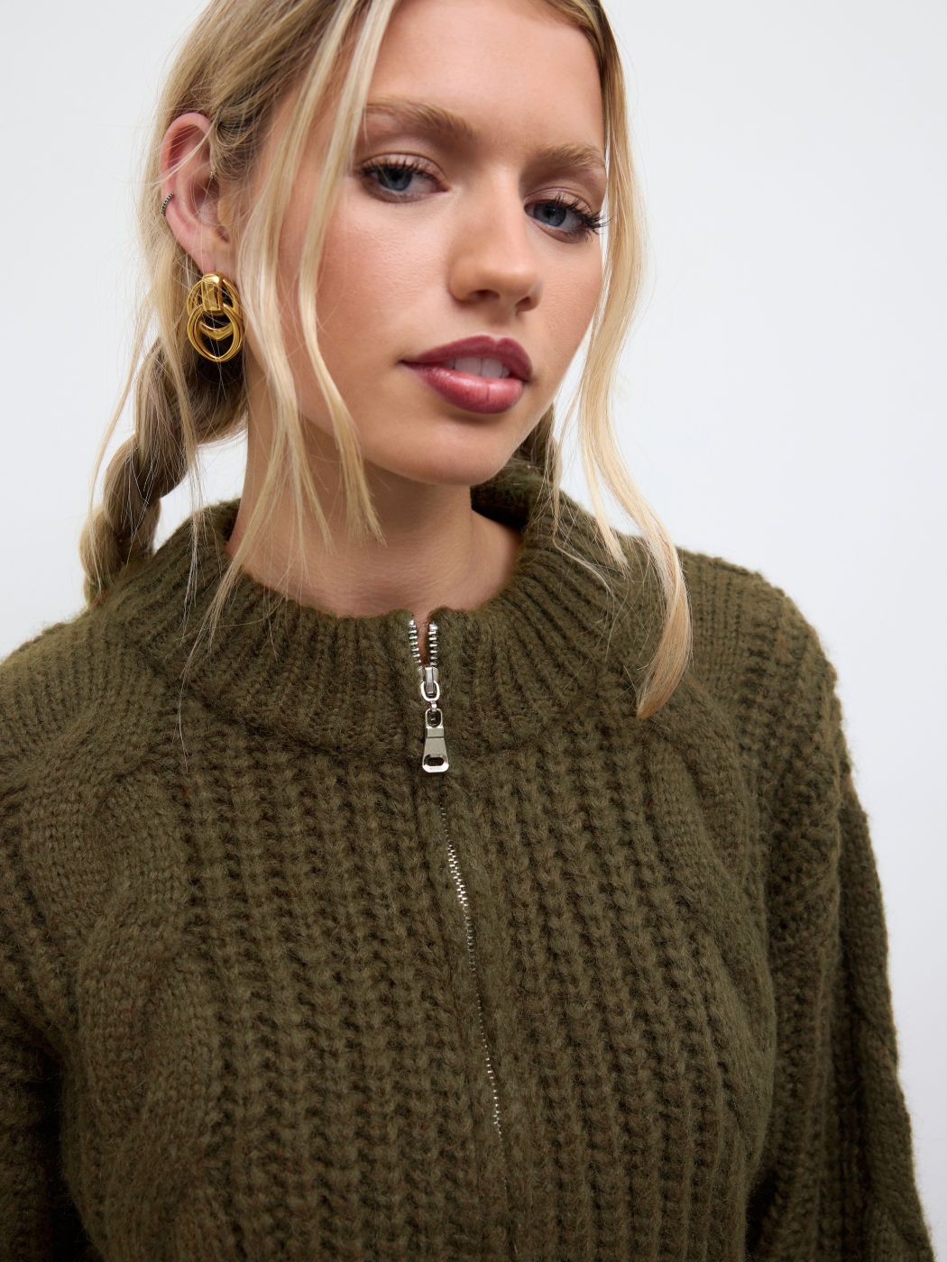 Mohair-blend Knit Round Neckline Zipper Cardigan