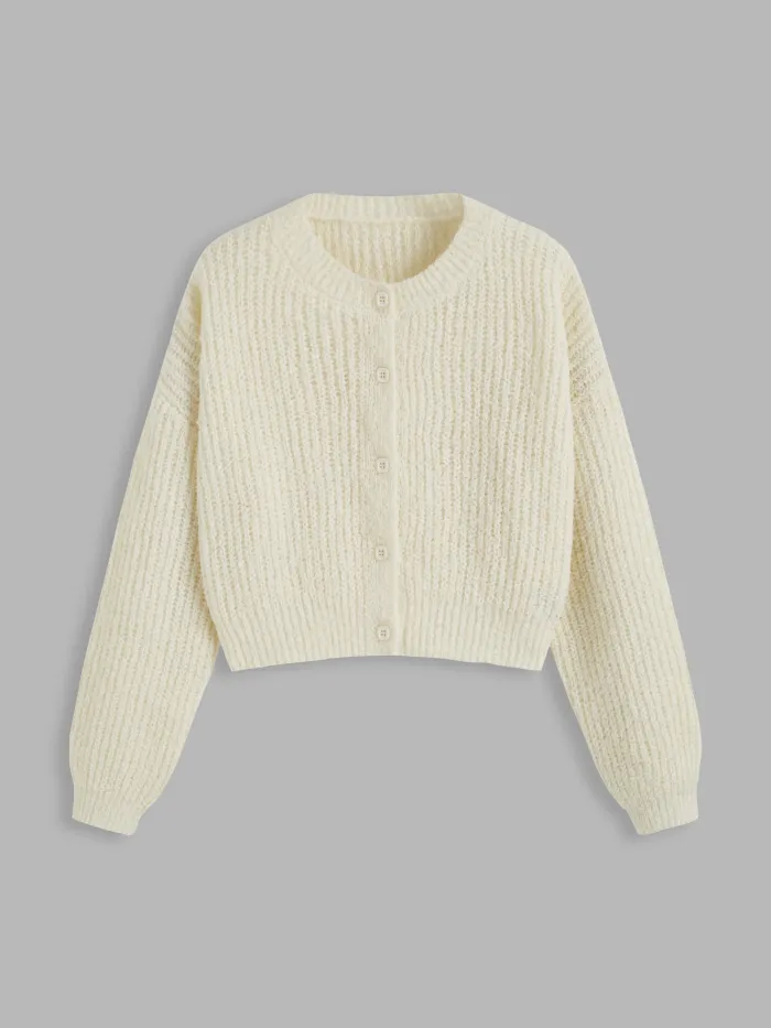 Knit Round Neckline Solid Tie Front Cardigan Curve & Plus