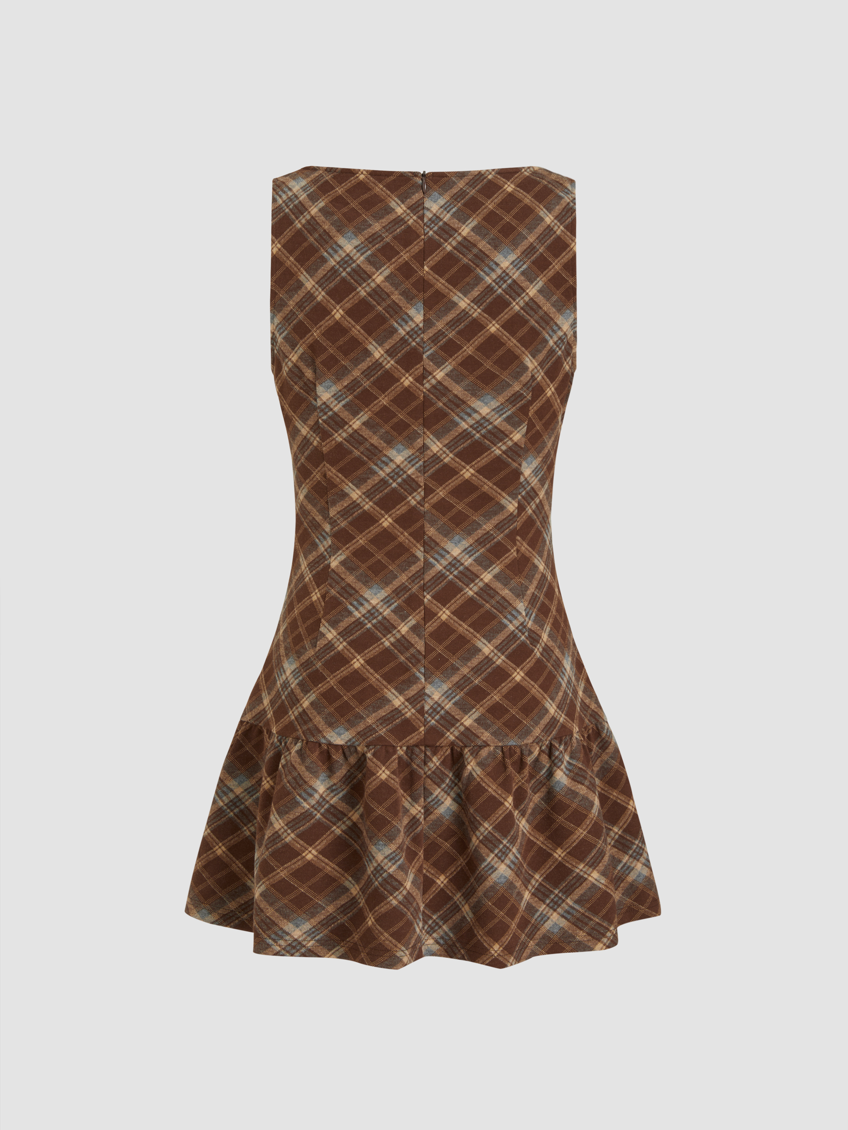 Wool-like fabrics Wool-look Boat Neck Plaid Ruffle Hem Mini