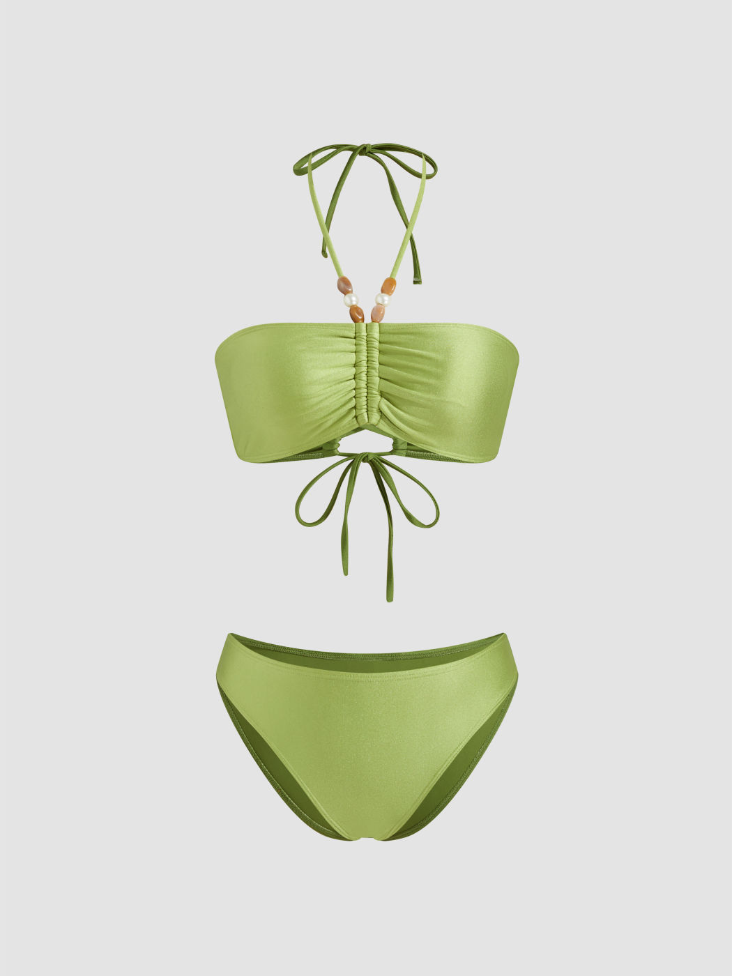 Bikini set sfacciato con scollo all'americana, coulisse e perline