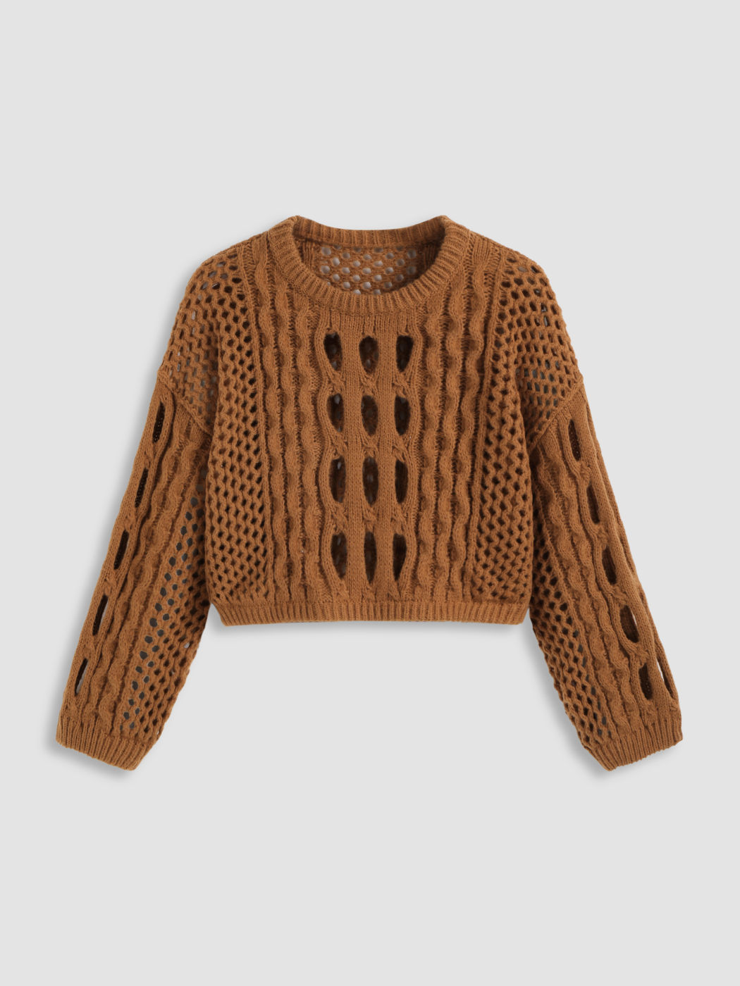 Knit Round Neckline Hollow Out Long Sleeve Crop Top Curve & Plus
