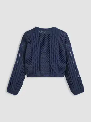 Knit Round Neckline Hollow Out Long Sleeve Crop Top Curve & Plus