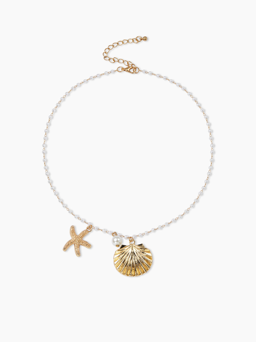 SHELL & STARFISH & FAUX PEARL CHAIN NECKLACE