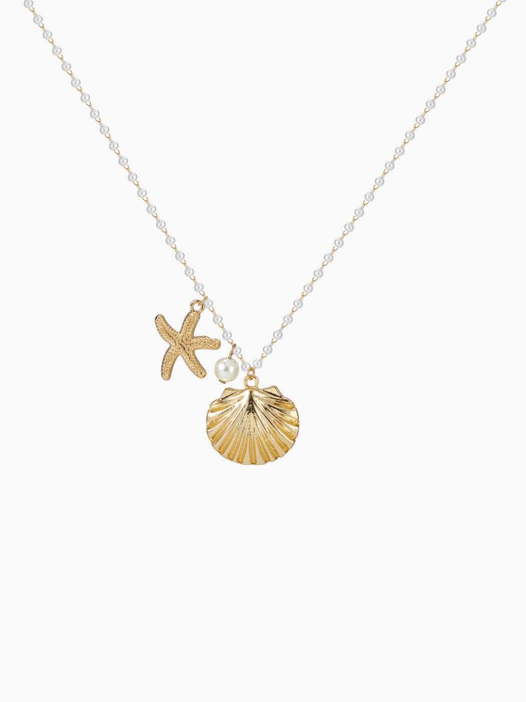 SHELL & STARFISH & FAUX PEARL CHAIN NECKLACE