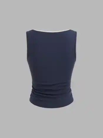 Cotton-blend U-neckline Contrasting Binding Ruched Tank Top