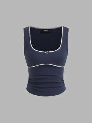 Cotton-blend U-neckline Contrasting Binding Ruched Tank Top