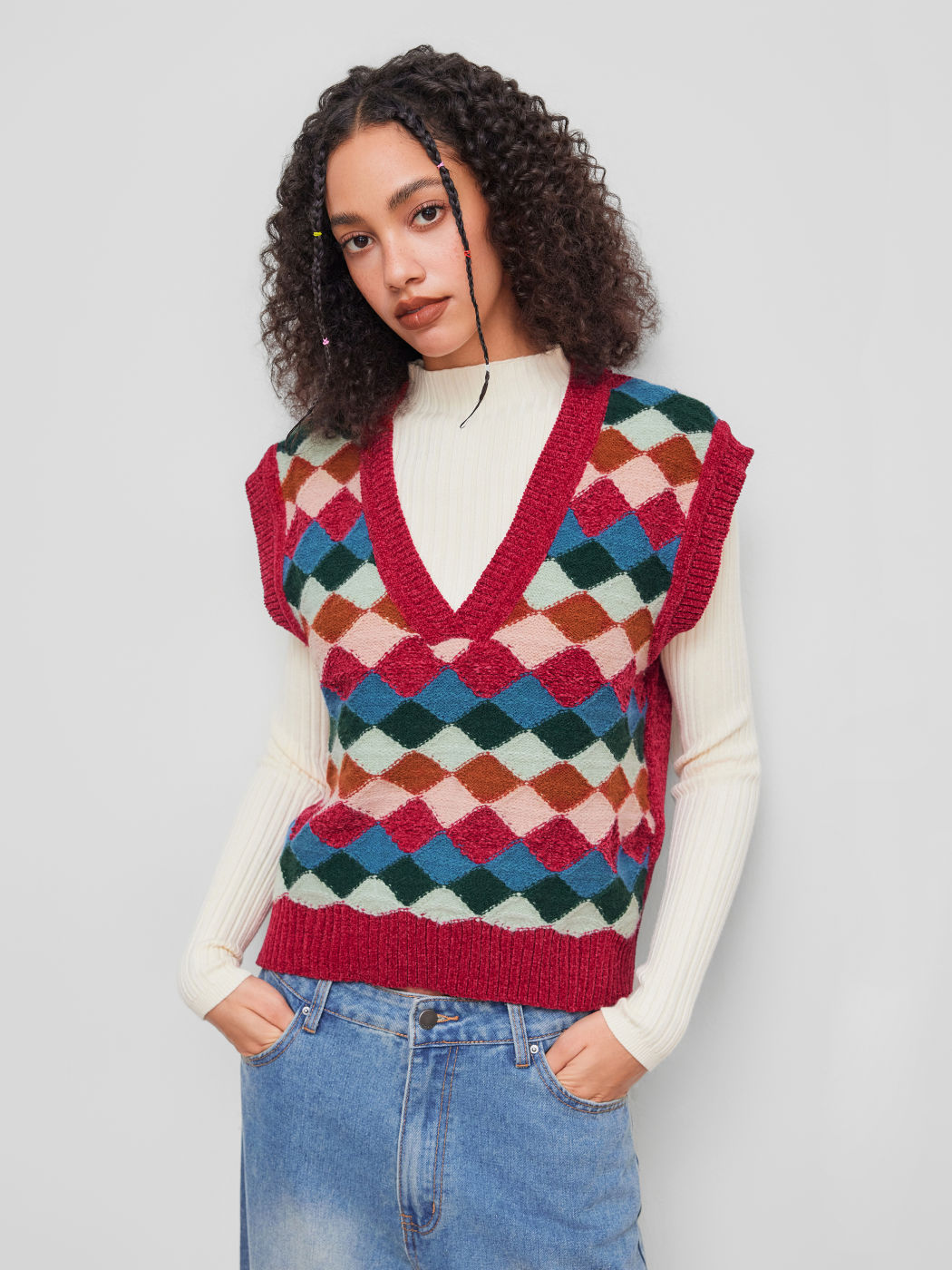 Knit V-neck Argyle Vest