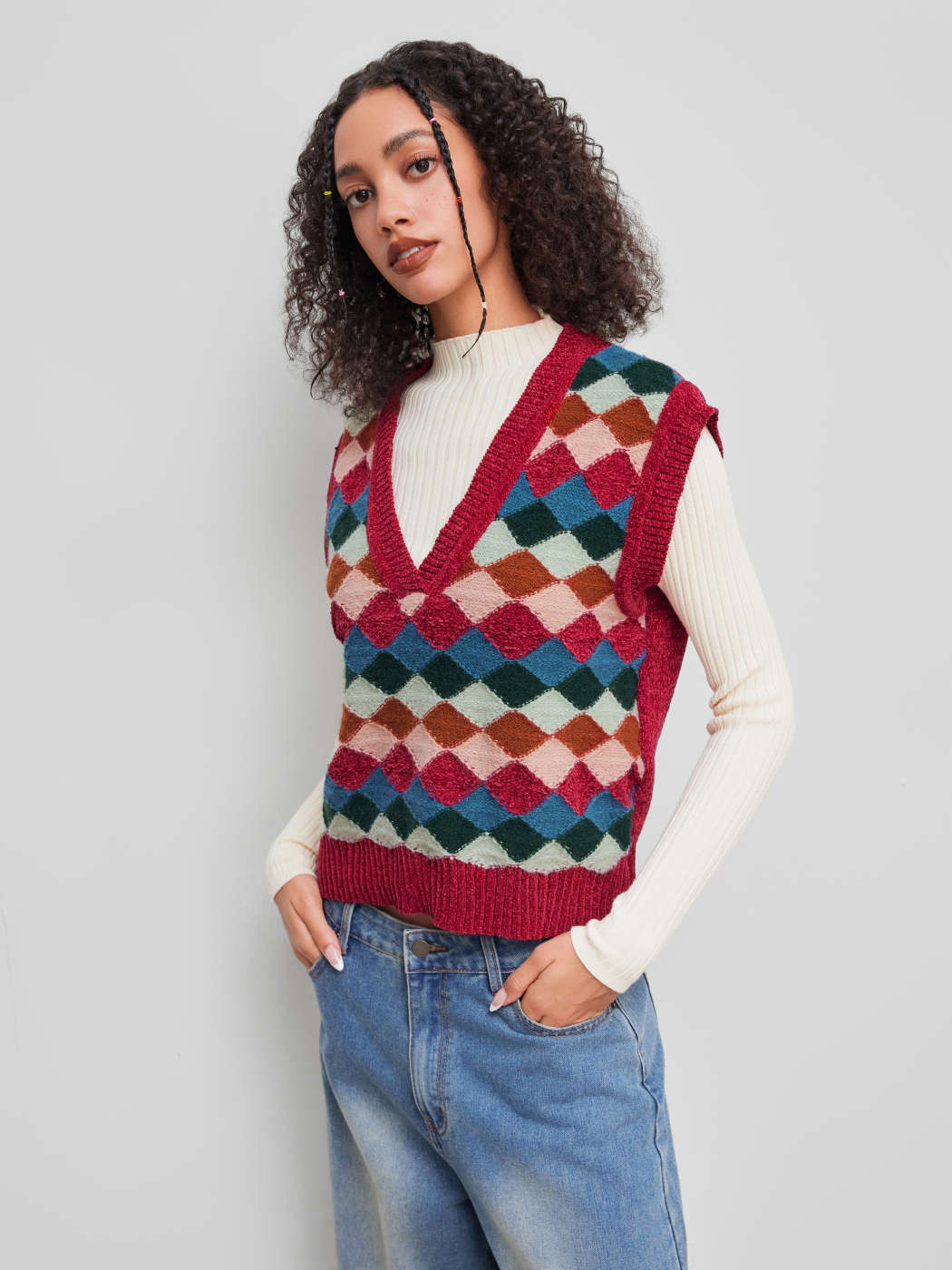 Red Women's Argyle Vest Women's V-neck Argyle Checkered