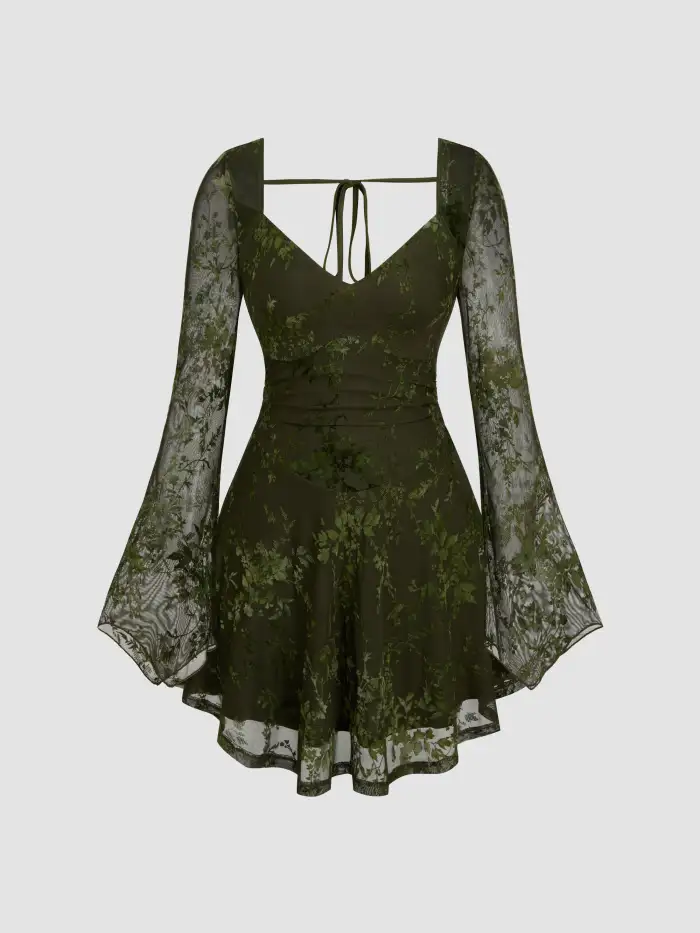 Square Neck Floral Paisley Knotted Long Sleeve Mini Dress