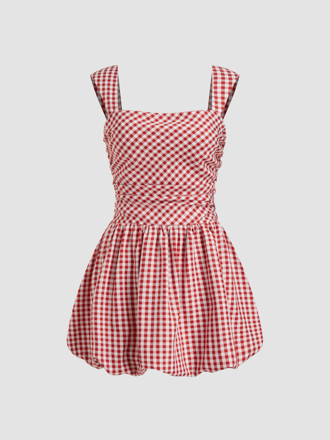 Square Neck Gingham Shirred Bubble Mini Dress
