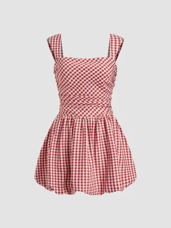 Square Neck Gingham Shirred Bubble Mini Dress