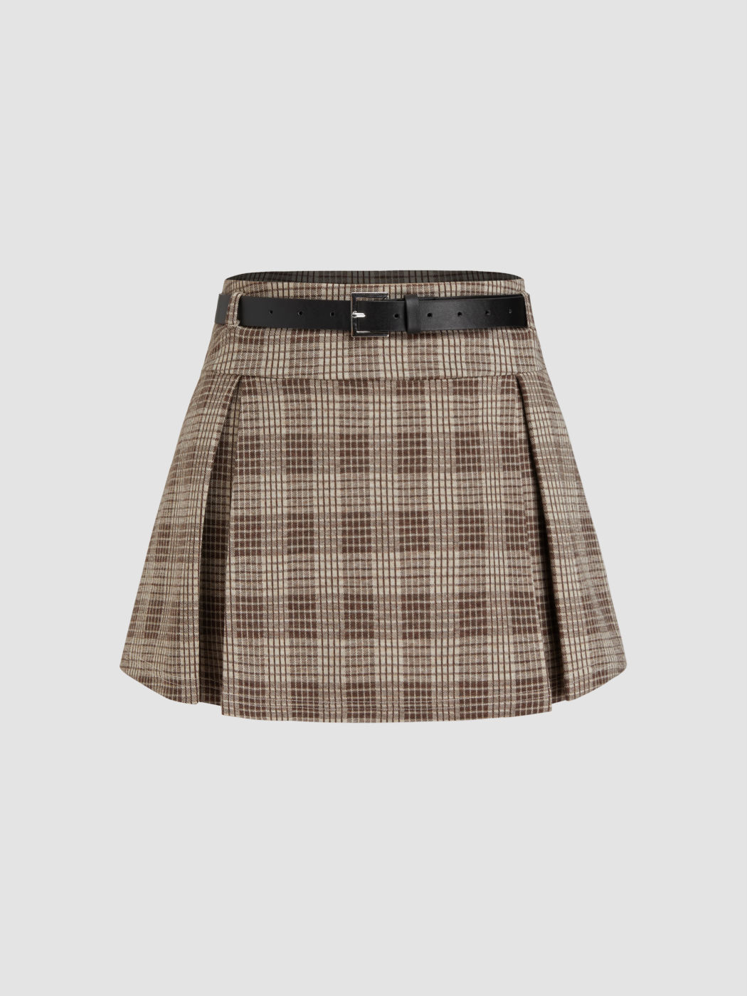 Cotton-blend Mid Rise Plaid Pleated Mini Skirt With Belt