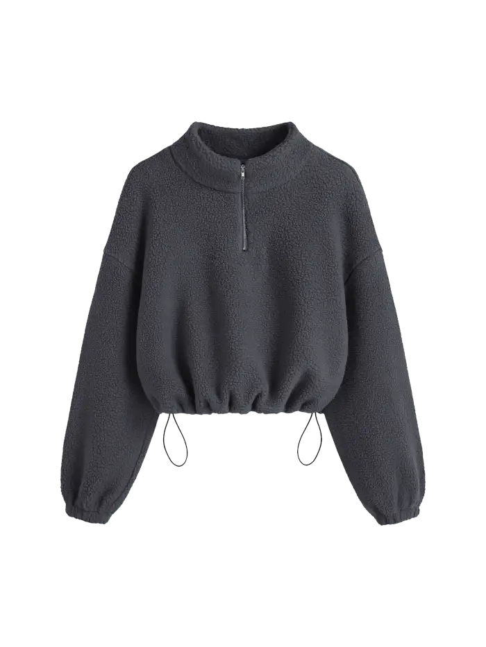 Fleece Stand Collar Long Sleeve Drawstring Contrasting Binding Sweatshirt
