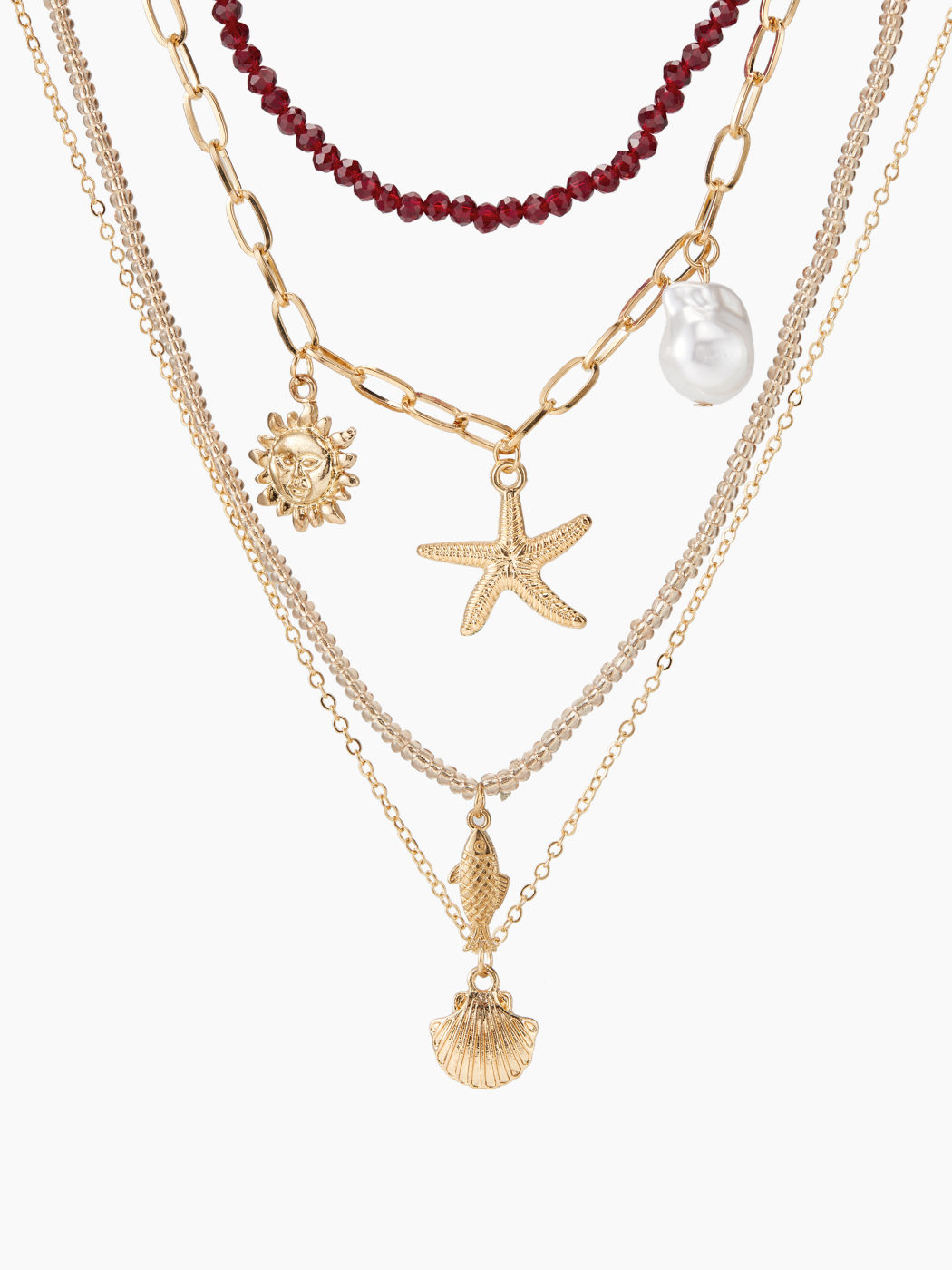 STARFISH & SHELL & FAUX PEARL PENDANT LAYERED NECKLACE