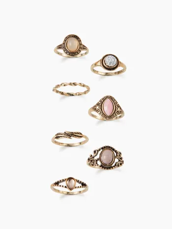 7PCS GEMSTONE & RHINESTONE & LEAF RING SET