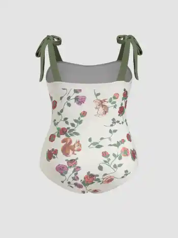 Formende Square Neck Frucht & Floral Kontrastierende Bindung Geknoteter Einteiler Kurve & Plus