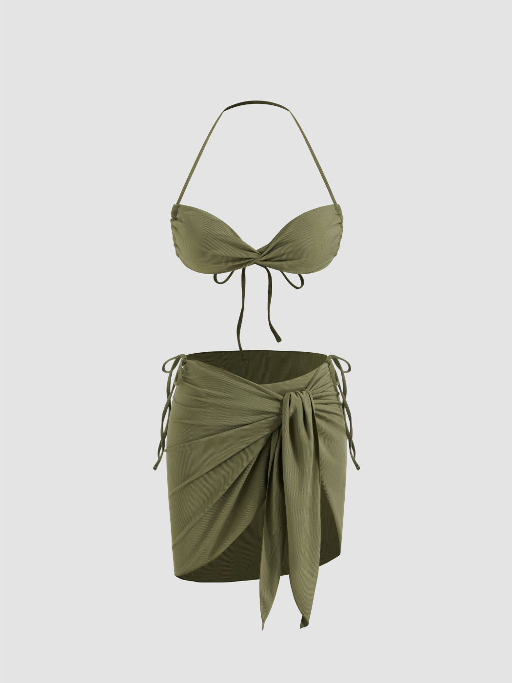 Ribbing V-neck Twist Knotted Halter Bikini Set With Sarong