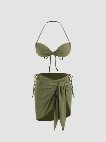 Rippen V-Ausschnitt Twist Knoten Bikini Set mit Sarong