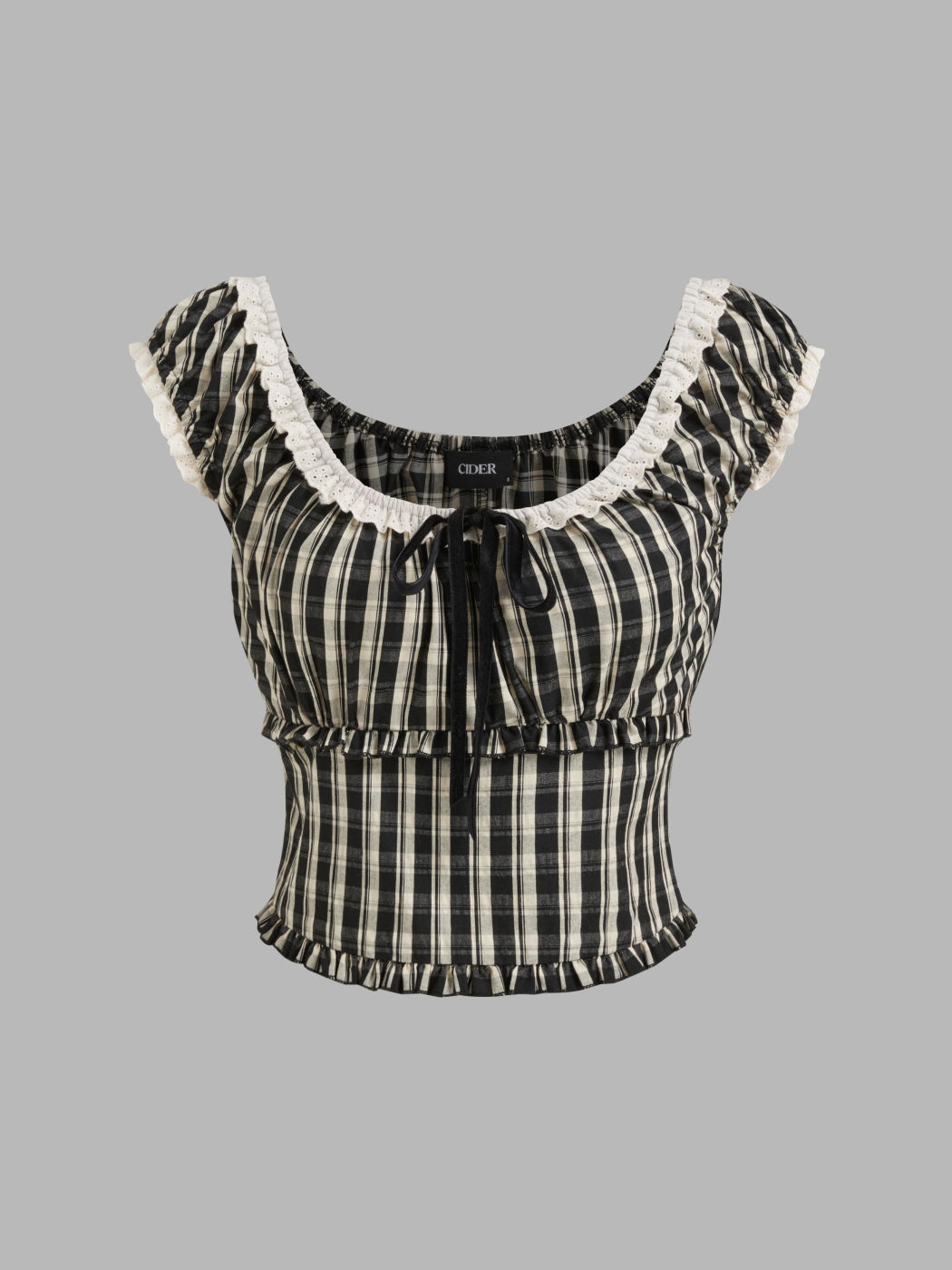 100% Cotton Check Knotted Lettuce Trim Shirred Top