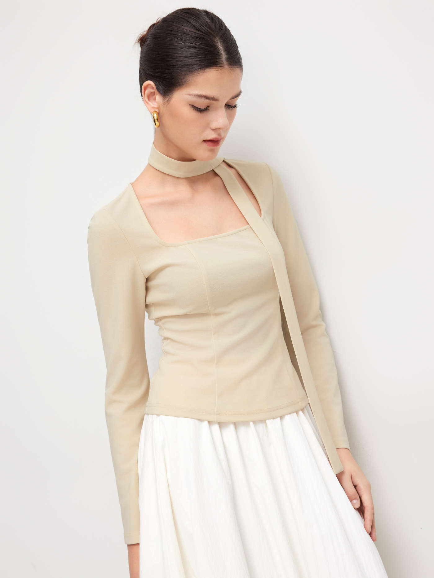 Square Neck Long Sleeve Top With Scarf
