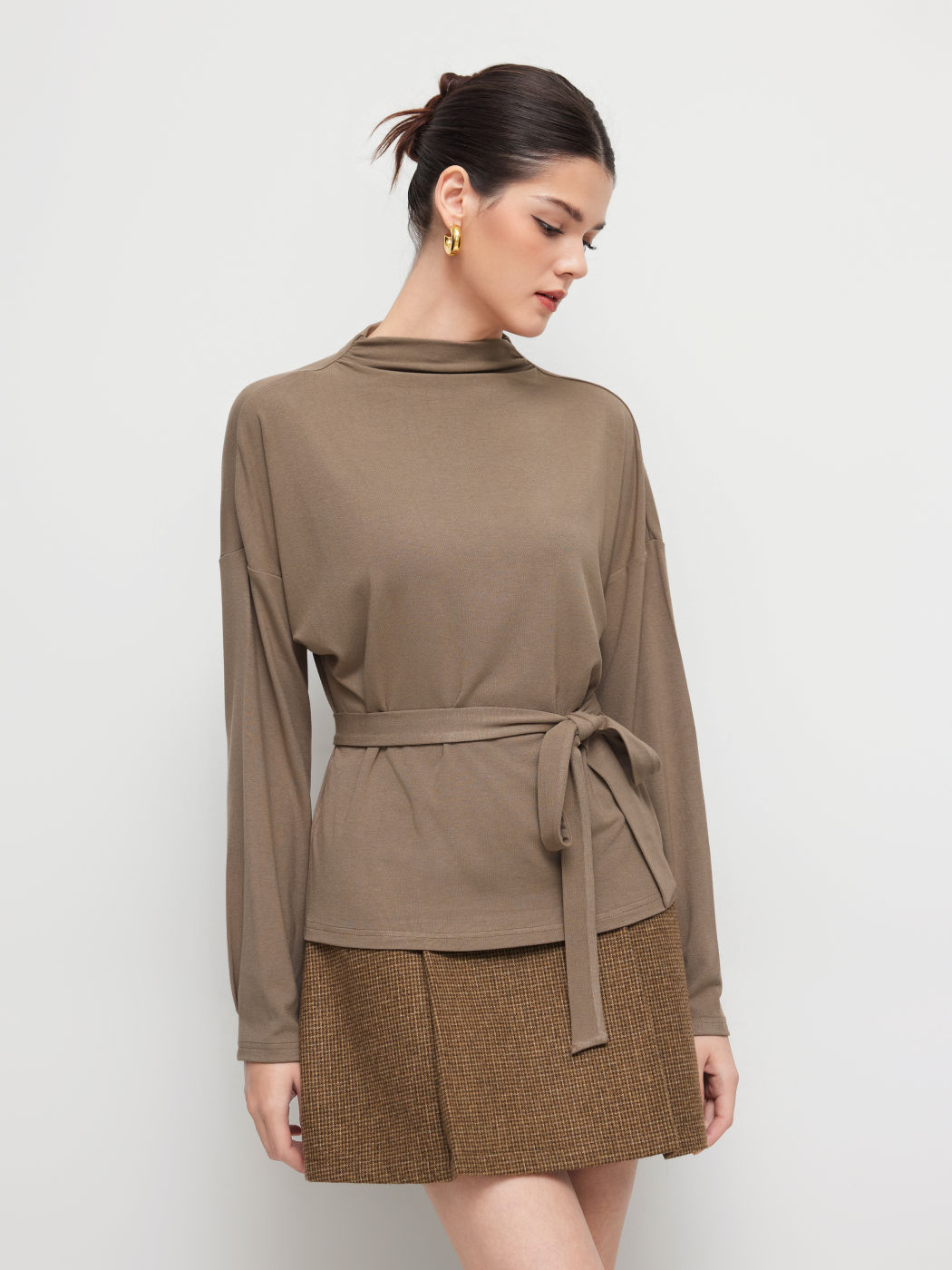 Stand Collar Ruched Knotted Long Sleeve Top