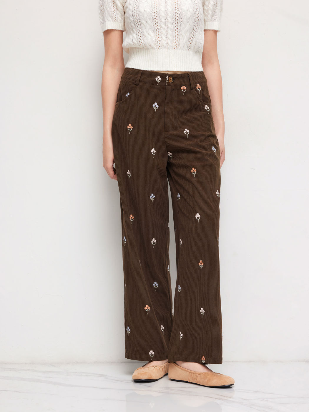 Corduroy Mid Rise Floral Embroidery Straight Leg Trousers