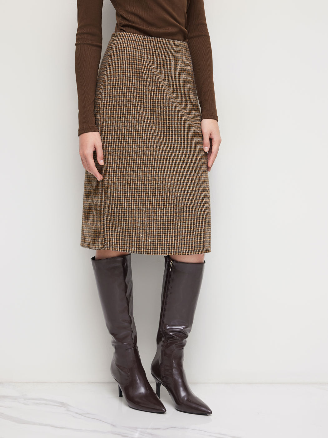 Woll-Look Mid Rise Hahnentritt Midi-Rock