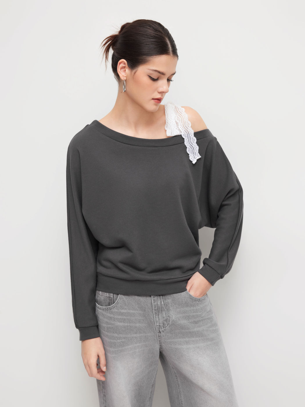 Terry Asymmetrischer Kragen Spitzen Oversized Sweatshirt