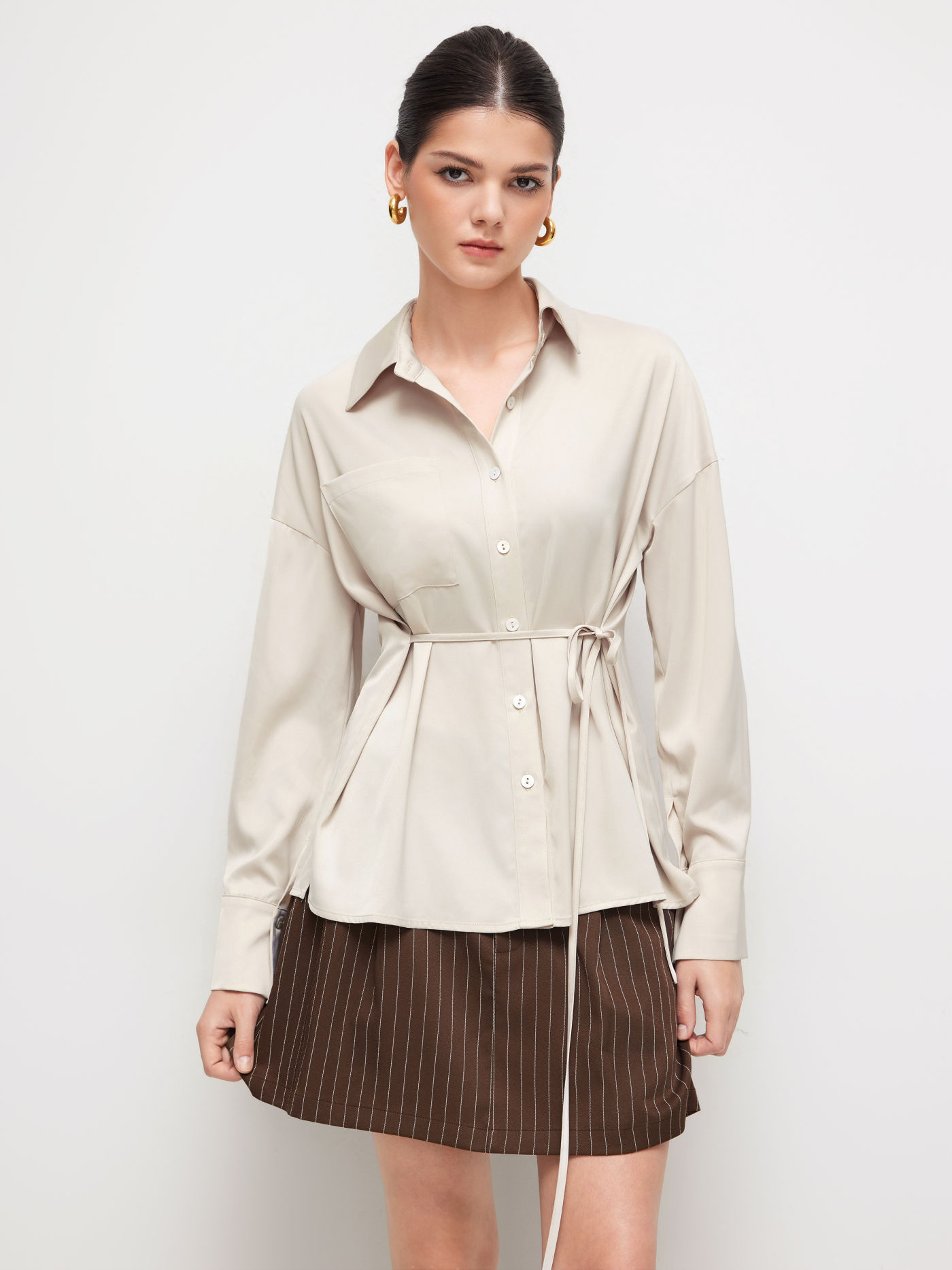 Collar Cinched Waist Knotted Oversized Shirt