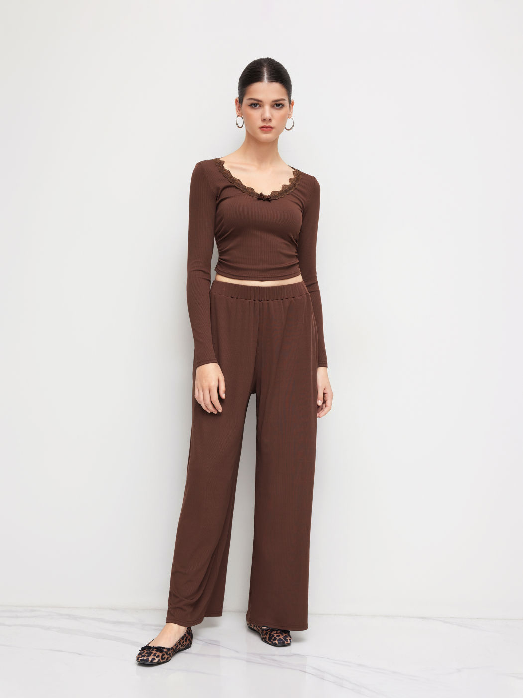 V-neck Lace Cropped Long Sleeve Top & Mid Rise Wide Leg Trousers Set