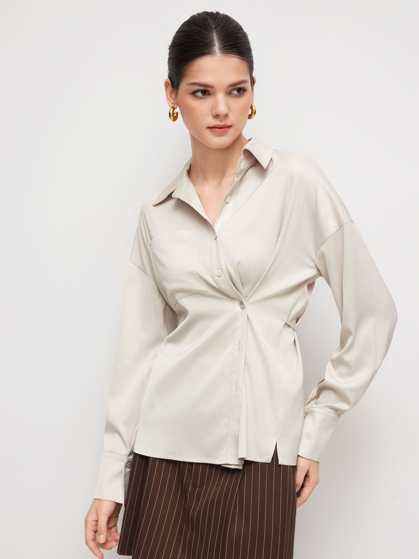 Collar Cinched Waist Knotted Oversized Shirt